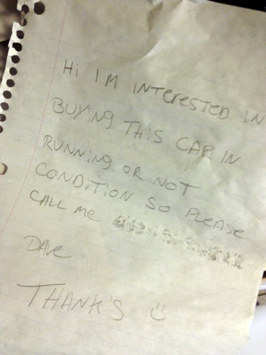 Note on car - Daily Datsun